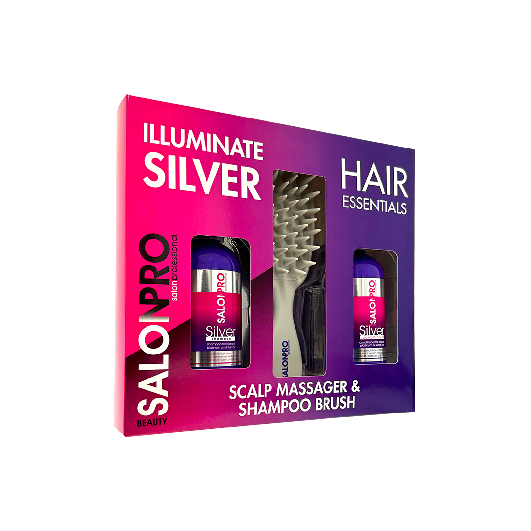 Beauty SalonPro Hair Essentials Set Illuminate Silver Shampoo Conditioner & Shampoo Brush